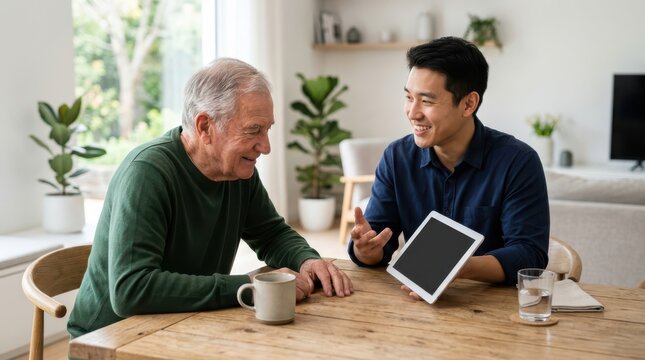 Asian caregiver helping elderly senior man use digital tablet computer at home sitting together at wooden table talking smiling generation gap support