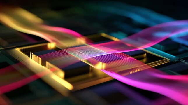High angle macro shot of semiconductor microchip processor with flowing glowing light waves during precision manufacturing process (AI Generated)