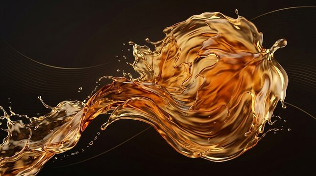 Golden amber liquid splash forming maple leaf, elegant autumn fluid art, whiskey or honey texture, dynamic motion on black background.
