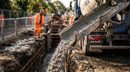 Fototapeta premium A ready-mix cement truck pours wet concrete through a chute directly into a trench at a busy construction site while a worker in high-visibility gear supervises the foundation work