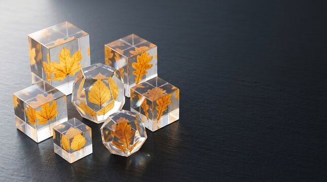 Preserved autumn leaves in resin blocks on dark slate, minimalist fall botanical art, seasonal epoxy decor, maple and oak foliage trapped in clear cubes, nature preservation.