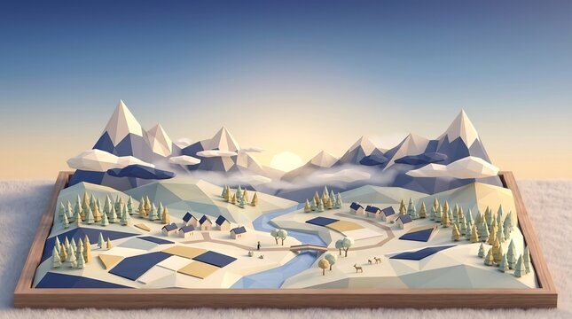 Low poly 3D autumn diorama, mountain village with river and golden sunset, creative papercraft digital art style.