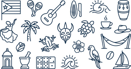 Obraz premium Puerto Rico Culture and Travel Line Icon Set Featuring Flag Coqui Frog Vejigante Mask and Dominoes for Caribbean Tourism Designs