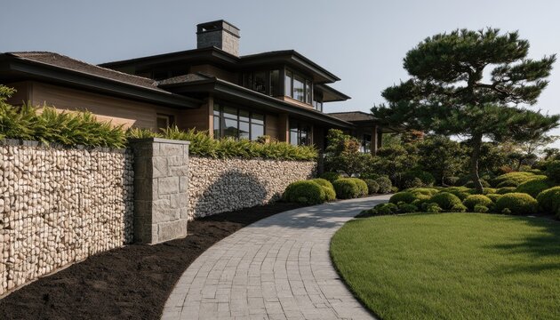 Modern house with a stone retaining wall and a curved paver path in a garden