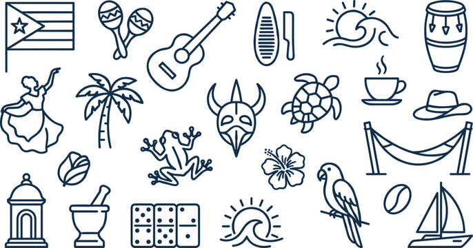 Puerto Rico Culture and Travel Line Icon Set Featuring Flag Coqui Frog Vejigante Mask and Dominoes for Caribbean Tourism Designs