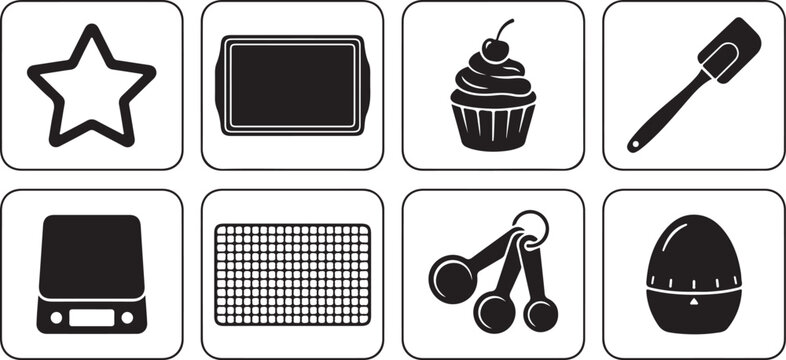 Black and white silhouette set of baking tools, kitchen equipment, and pastry vector icons in rounded square frames.