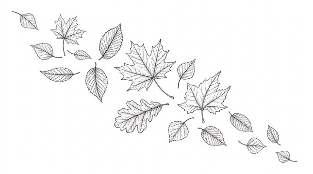 Falling autumn leaves sketch, maple and oak line art, minimalist seasonal foliage design, hand-drawn botanical engraving, black and white fall background.