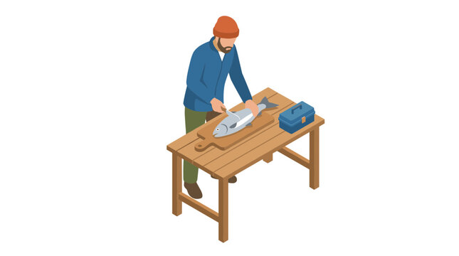 Man cleaning fresh fish on wooden table gone fishing vector