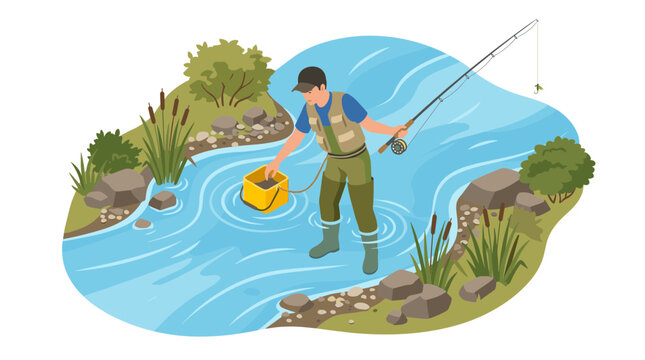 Gone fishing vector of man fly fishing in river