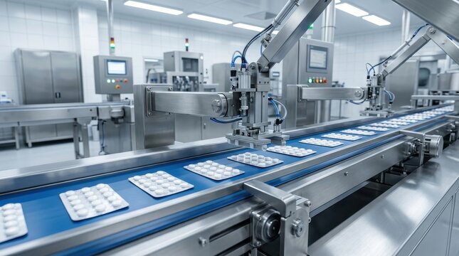 Automated pharmaceutical manufacturing assembly line producing blister packs with white pills inside modern clean high tech industrial facility plant