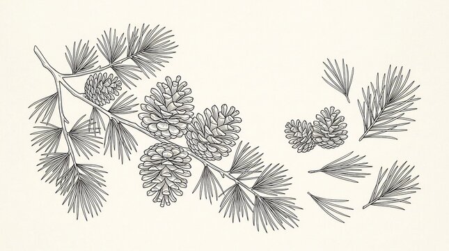 Pine branch botanical illustration with cones and needles. Minimalist vintage line art sketch for autumn nature decor.