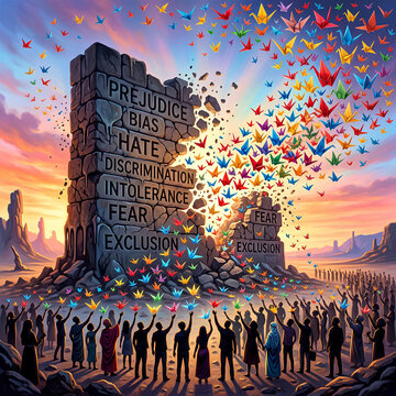 Breaking Barriers Colorful Origami Cranes Fly from Stone Wall of Negativity