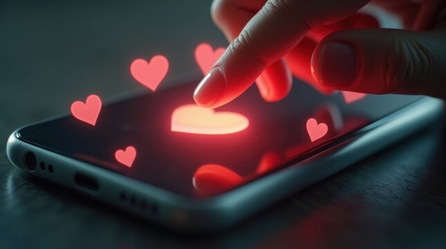 Primer plano de una mano pulsando un bot&oacute;n de reacci&oacute;n con forma de coraz&oacute;n en la pantalla de un tel&eacute;fono inteligente