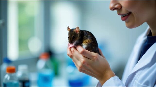 A woman in a lab coat holds a rat