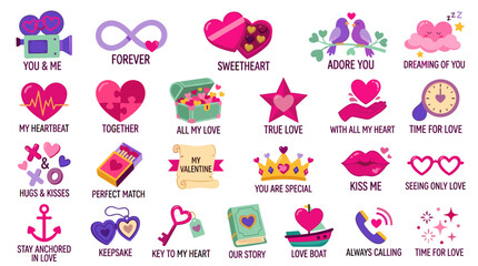 Obraz premium Collection of romantic custom sticker pack icons with love themes and quotes on white background