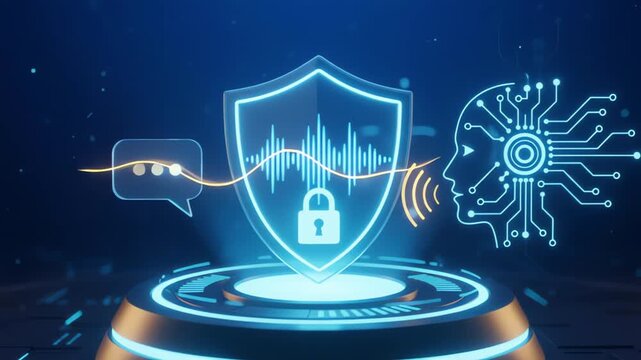 Voice recognition security system, biometric AI audio protection, digital shield with sound wave and padlock icon on futuristic pedestal