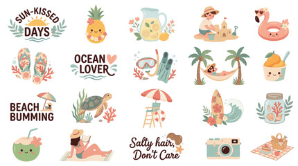 Obraz premium Cute summer beach sticker collection with tropical icons, sea life, and holiday activities.