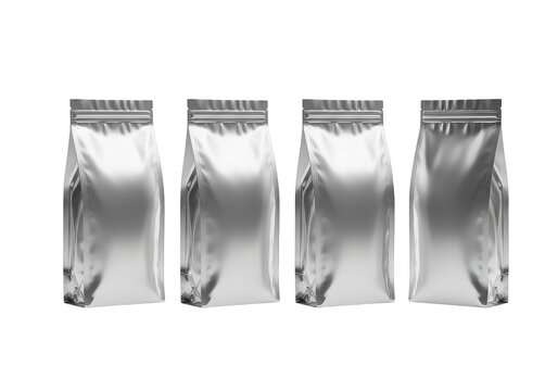 Four silver coffee bean bags in a row isolated on transparent background