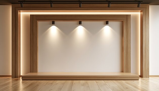 Empty wooden stage framed by light wood panels with overhead warm spotlights on
