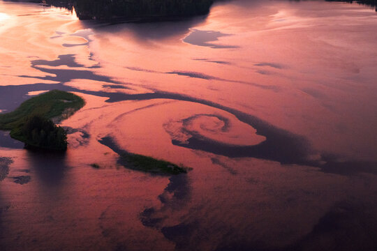 Aerial view of the spiral pattern in the water of Hiidenvesi lake during sunset in Helsinki, Uusimaa, Finland.