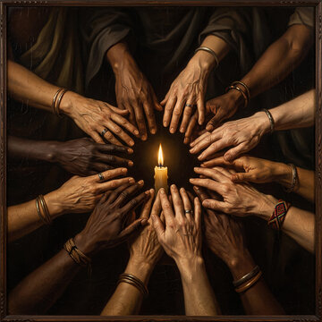 Circle of Hands Around Candle Light Unity Connection Hope