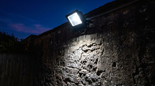 Modern LED floodlight illuminating a rough stone wall at dusk.