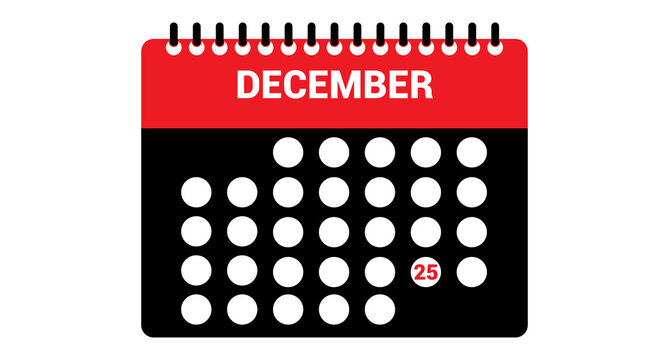 December Calendar Icon with Red Header, Black Date Grid, and Highlighted Day Isolated On Transparent