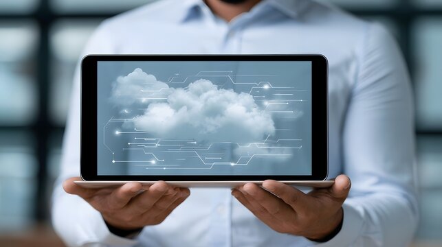 A person holds a tablet displaying a stylized cloud with digital circuit lines and glowing nodes against a light blue background