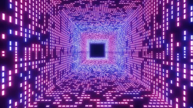 Luminous rectangular light blocks animate along a deep geometric tunnel, forming glowing blue, violet, and pink walls that converge toward a dark square opening at center