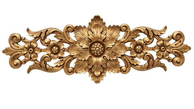Ornate gold wood carving with floral motifs and acanthus leaf scrollwork patterns for architectural decoration isolated on a transparent background
