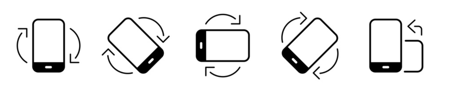 Smartphone screen rotation vector icon set. Mobile phone screen turn, vertical to horizontal orientation, auto rotate mode, and view angle linear symbols with arrows.