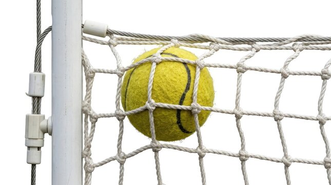 Yellow tennis ball caught in a white net isolated on white background