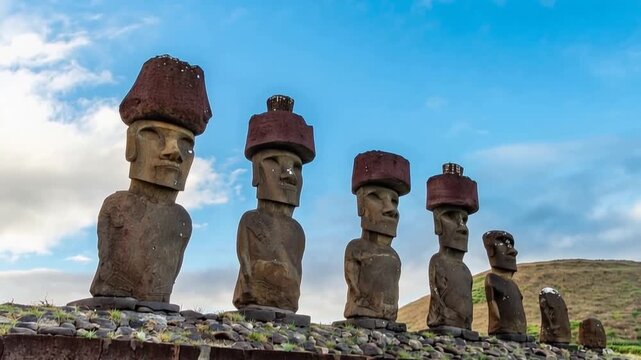 Moai Statues at Ahu Nau Nau on Sandy Anakena Beach with Grassy Hill on Easter Island, Valparaiso, Chile. Time Lapse Video