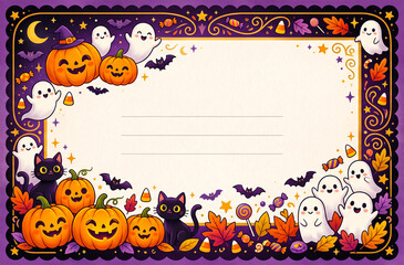 Naklejka premium Festive Halloween greeting frame with pumpkins, ghosts, bats, spiderwebs, and decorative ornaments