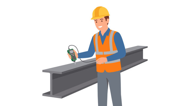 Construction worker using digital tool on steel beam.