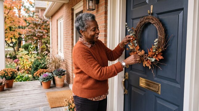 Smiling senior Black woman hangs a rustic autumn wreath on her front door decorated with fall plants