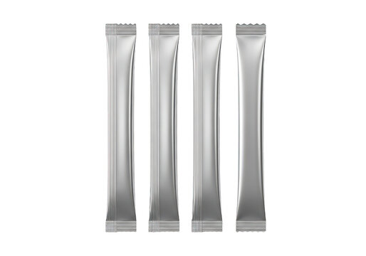 Four blank silver foil stick packs for food or medicine isolated on transparent background