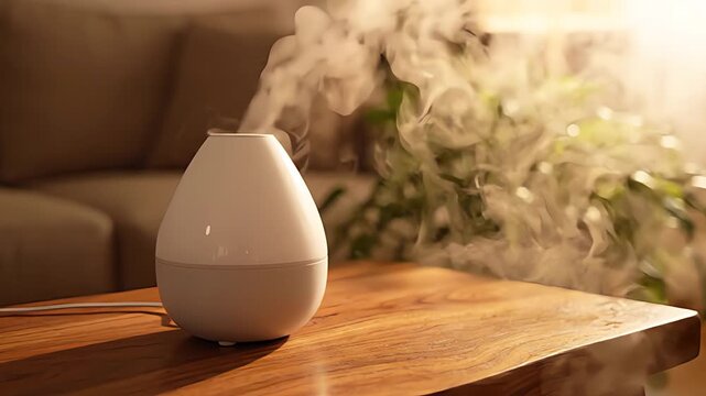 White Essential Oil Diffuser Emitting Mist on Wooden Table Indoors