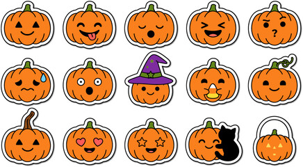 Obraz premium Halloween Pumpkin Sticker Set - Cute Jack O Lantern Faces With Witch Hat Clipart