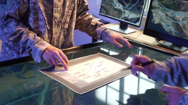 People in camouflage uniforms review maps and data on a touchscreen table beside computer monitors in a military command center.