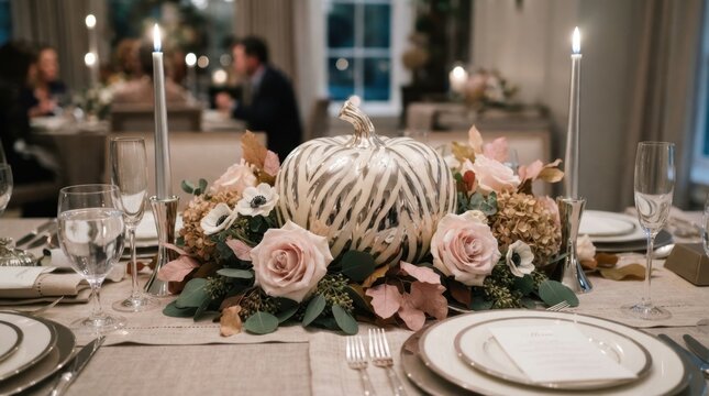 Elegant Autumn Table Setting: A beautifully decorated dining table, adorned with a festive pumpkin centerpiece, roses, and autumnal foliage, awaits guests for a harmonious fall gathering.
