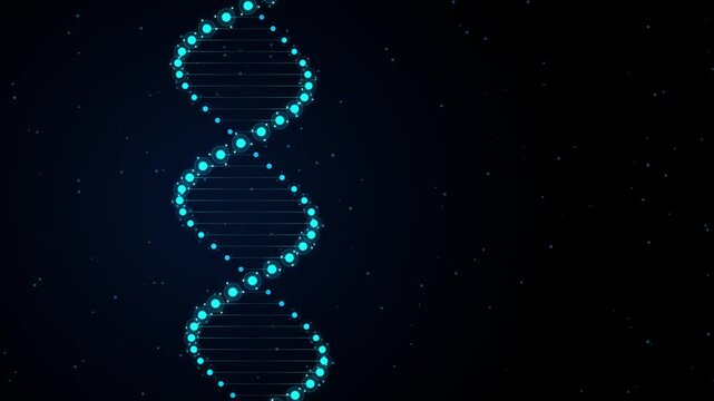 Glowing blue digital d n a helix rotating in dark space with shimmering particles scientific
