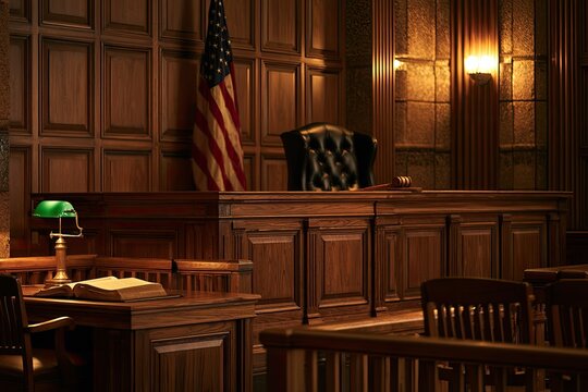 Elegant courtroom with judge's bench, flag, and law books