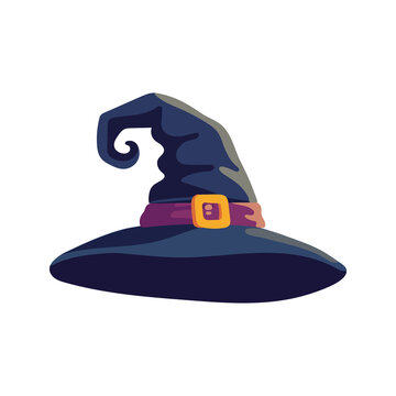 Dark purple witch hat with a purple ribbon and golden buckle, Halloween costume vector illustration isolated on white background