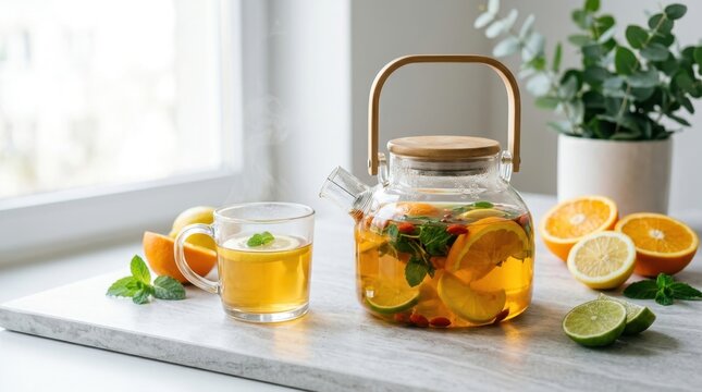 Citrus Infused Tea: A refreshing glass of citrus-infused tea and a clear teapot filled with fruit slices and mint, sitting on a counter near a window with a plant in the background.