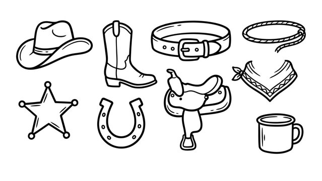 Cowgirl western hand drawn doodle set in vector featuring a hat boot belt lasso saddle horseshoe badge and bandana design