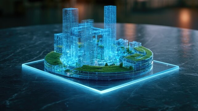 Futuristic glowing city model on glowing base, surrounded by green