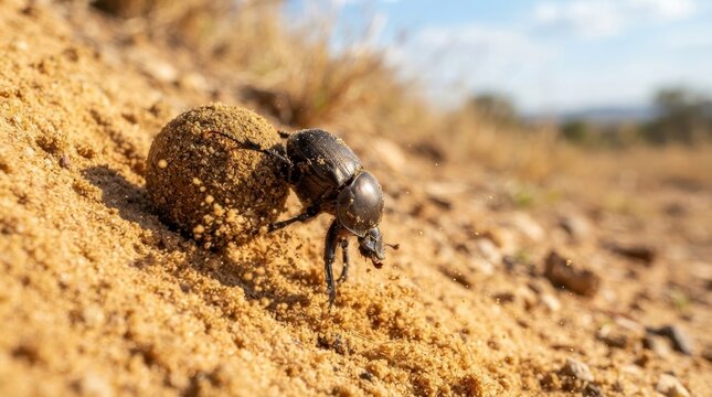 Dung Beetle Rolling Ball: A close-up shot showcases a dung beetle diligently rolling a large ball of dung across dry, sandy terrain.