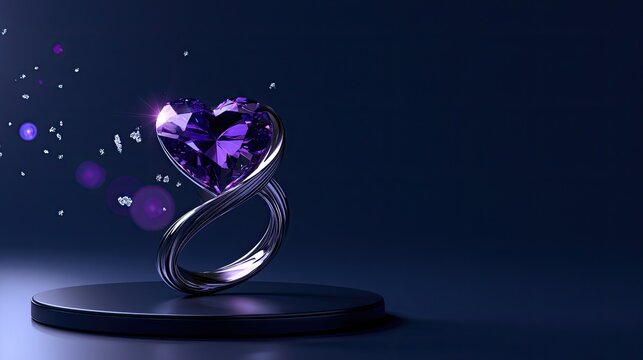 A shining purple heart-shaped gemstone ring stands on a dark circular pedestal