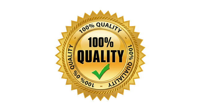 Gold 100% quality seal badge isolated on transparent background